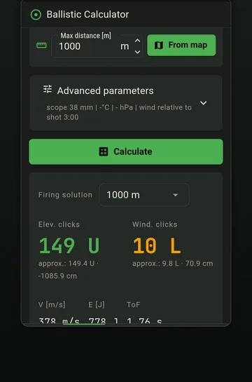 The firing solution screen with elevation, windage, velocity, energy and time of flight