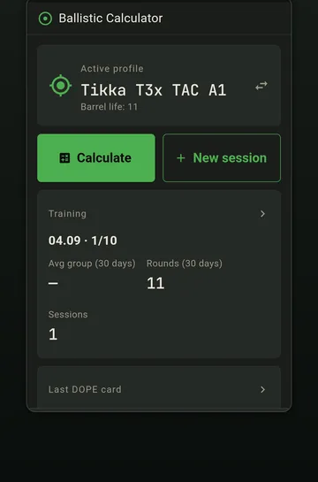 The app dashboard showing quick access to calculator, profiles, training and tools