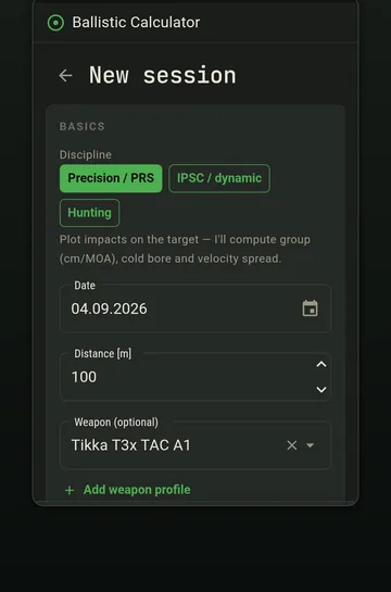 Session log screen showing recorded shots for a range session